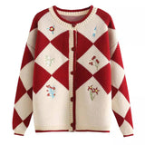 Women Knitted Cardigan Retro College Style Crew Neck Sweater