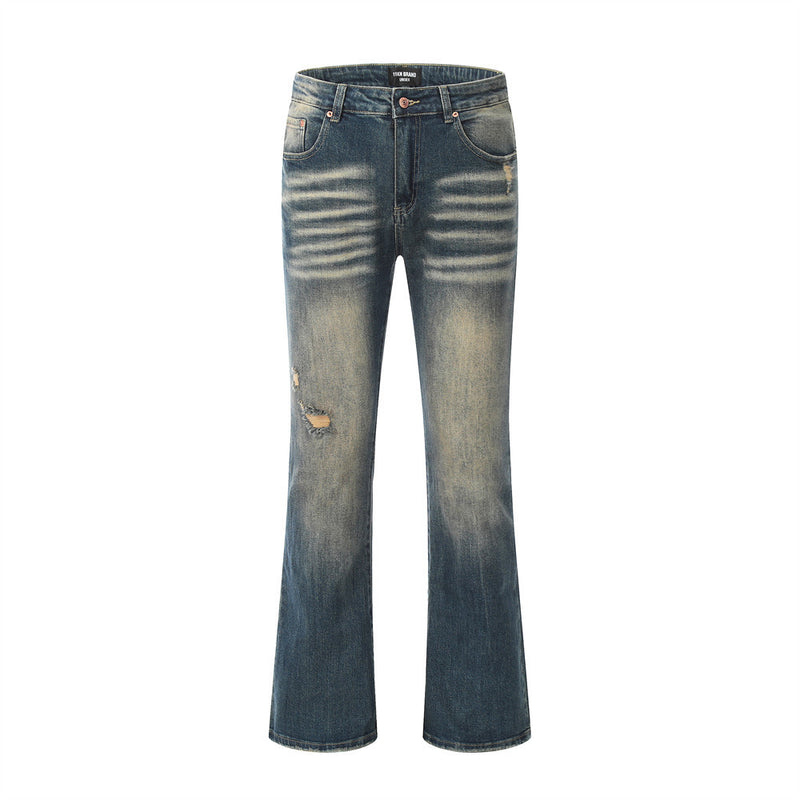 Men Jeans Bell-Bottom Pants Vintage Polished White Distressed Worn Indentation