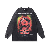 Mens Vintage Long Sleeve Shirt Printed Washed Long Sleeve T-Shirt