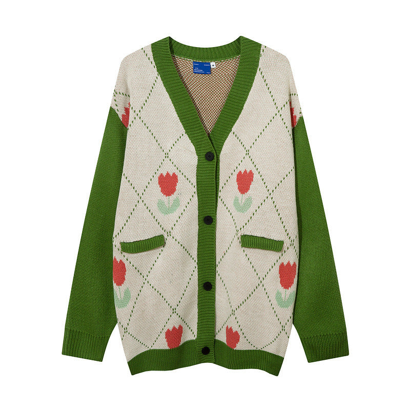 Women Sweater Rhombus Knitted Sweater Cardigan