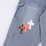 Men Jeans Leather Embroidered Cross Personality