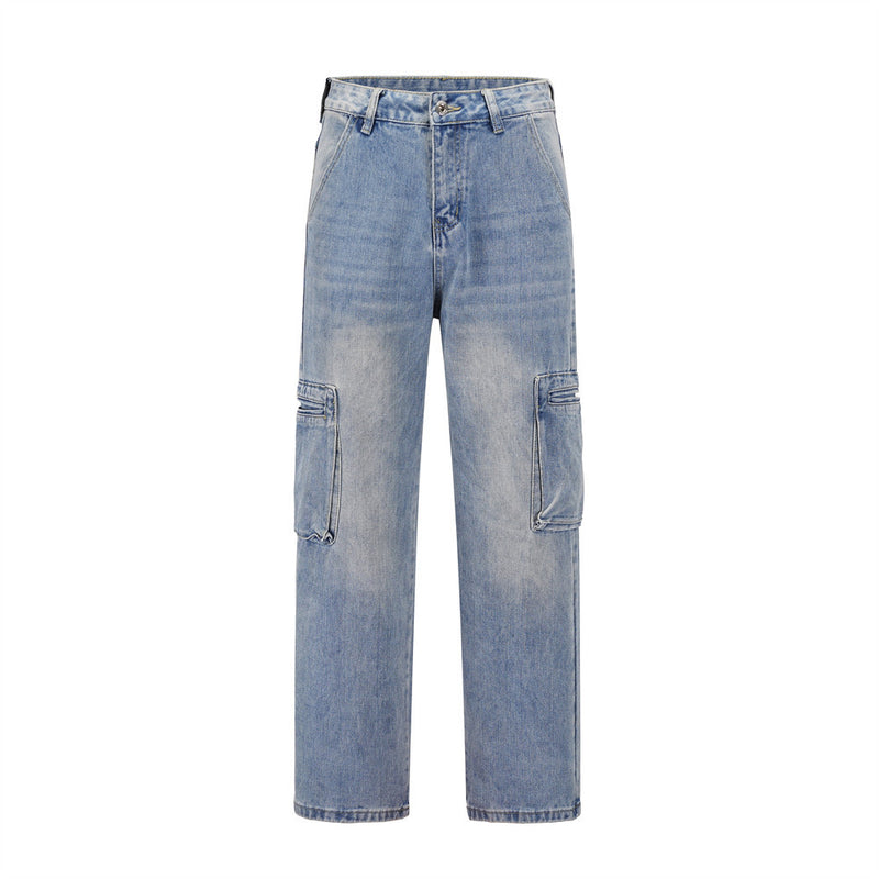 Men Jeans Workwear Denim Loose Multi-Pocket