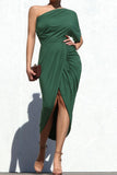 Women Dress Slant-Shoulder Pleated Gown Dress