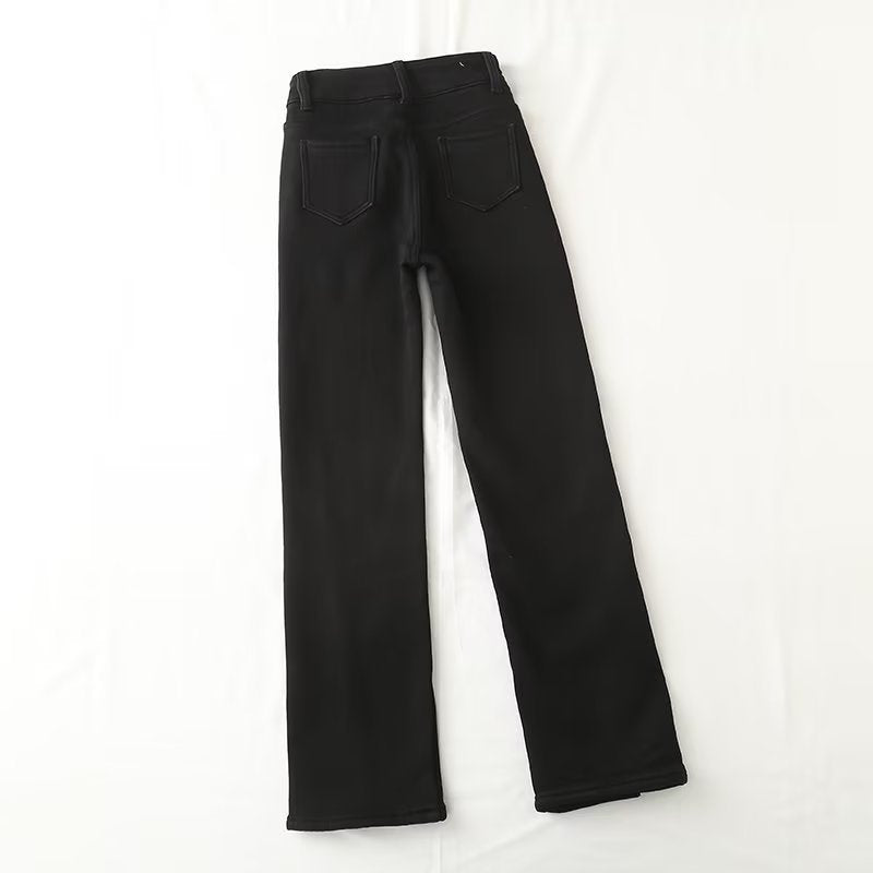 Women Jeans Fleece-lined Slit Loose