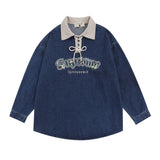 Men Long Sleeve T Shirt Denim Top Drawstring Polo Shirt Men's Spring and Autumn Long Sleeve Denim Shirt