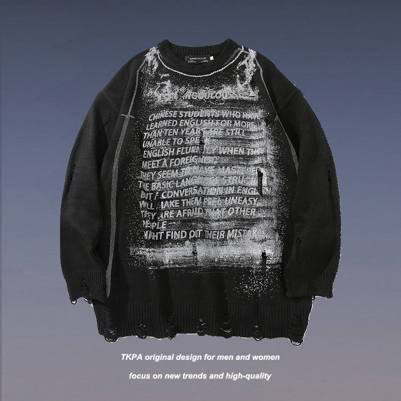 Women Sweater Graffiti Ripped Sweater Knitwear Top