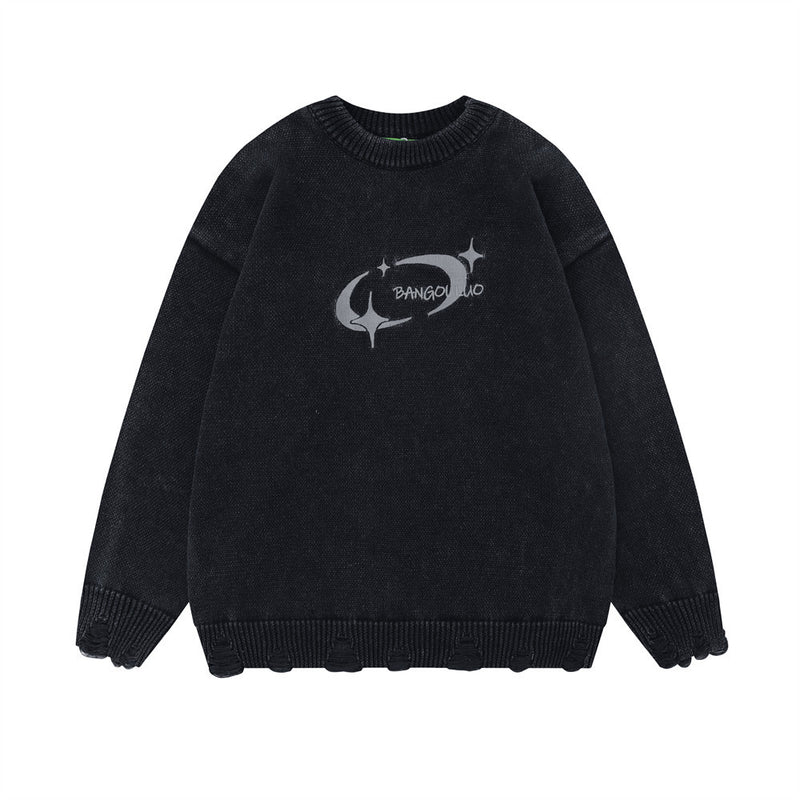 Men Sweater Simple Embroidered Crew Neck Sweater