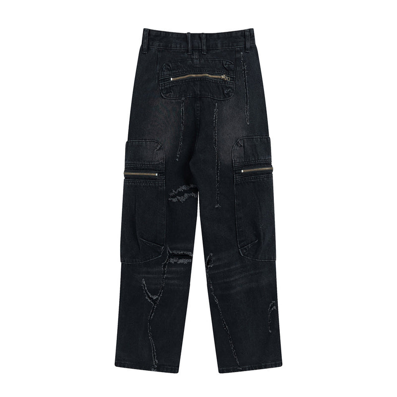 Men Jeans Scrape Hole Multi-Pocket Workwear