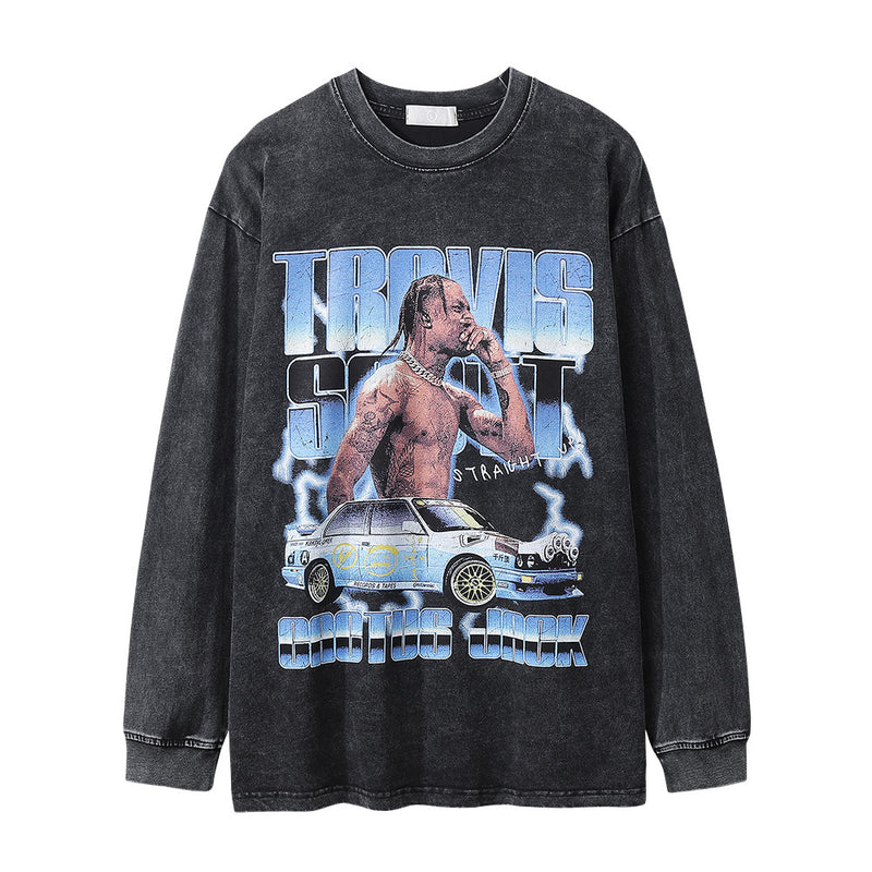 Men Long Sleeve T-Shirt Rapper Character Printing Hip Hop Loose Distressed