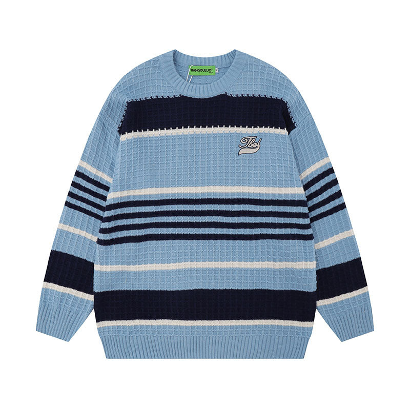Women Sweater Contrast Color Striped Soft Knitted Top Retro Loose