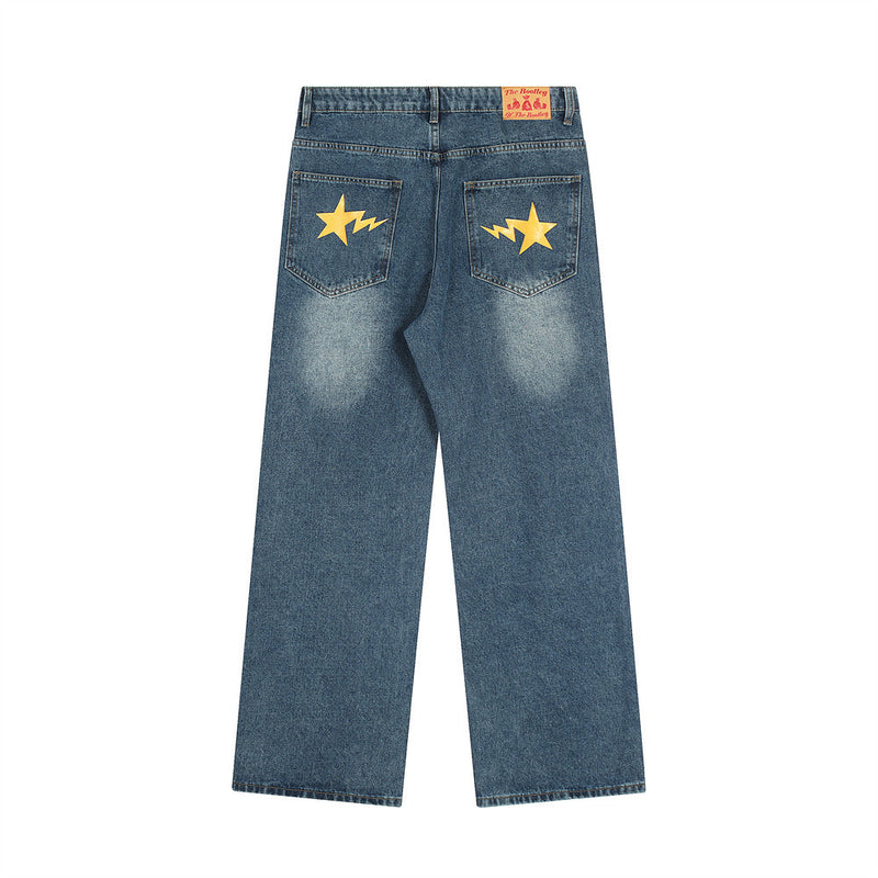 Men Jeans Smiling Face Print Loose