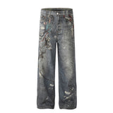 Unisex Pants Distressed Ink-splashed Loose-fitting Chain Jeans