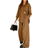 Women Co-Ords Brown Long Sleeve Shirt High Waist Loose Winter