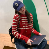 Women Knitted Cardigan Stripe College Style Soft Sweater