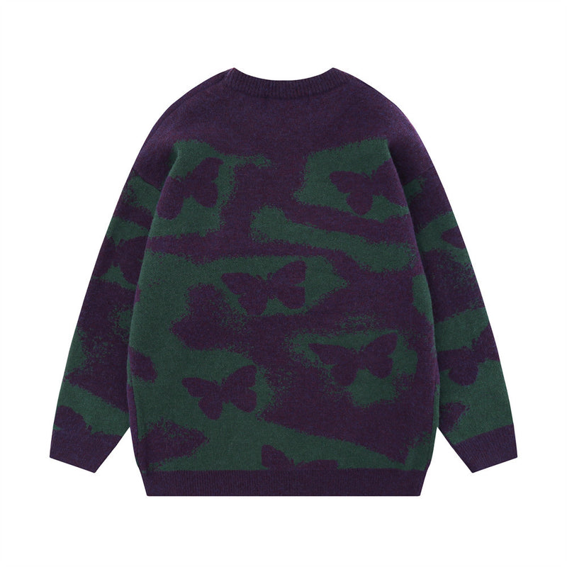 Men Sweater Butterfly Print round Neck Sweater Loose Knit