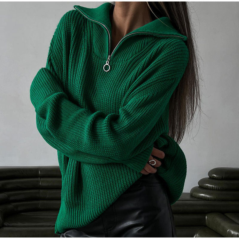 Women Work Business Casual Sweaters Zipper Loose Knitted Sweater