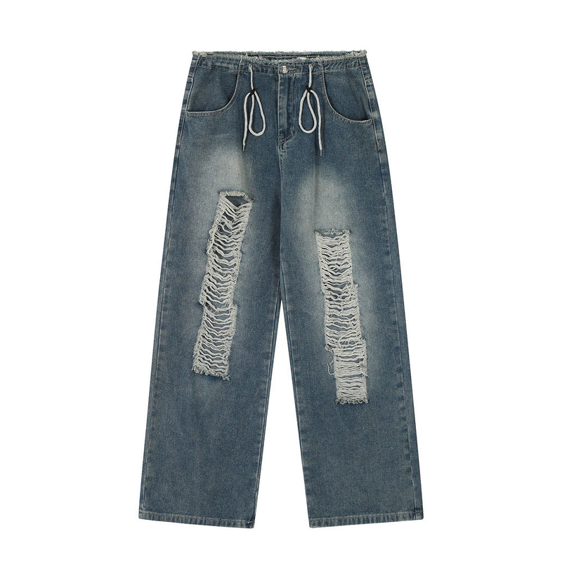 Men Jeans Ripped Drawstring Loose