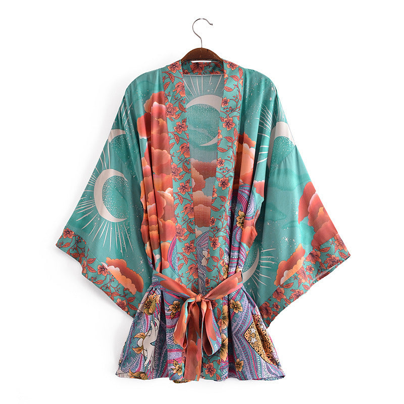 Women Trench Coat Belt Moon Kimono Cardigan