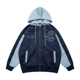 Men Fleece Lined Hoodie Cardigan Sweater Men's Winter Loose Color Contrast Patchwork Embroidered Letters