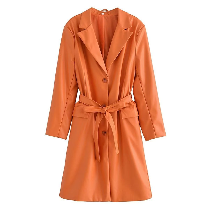 Women Trench Coat Mid-Length Leather Wind Coat Temperament Coat