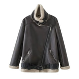 Women Cotton Coat Stand Collar Zipper Leather Coat Warm