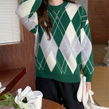 Women Pullover Sweater Soft Glutinous Rhombus Loose Pullover