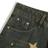 Men Shorts Baggy Denim Shorts Five-Pointed Star Printing Wash White