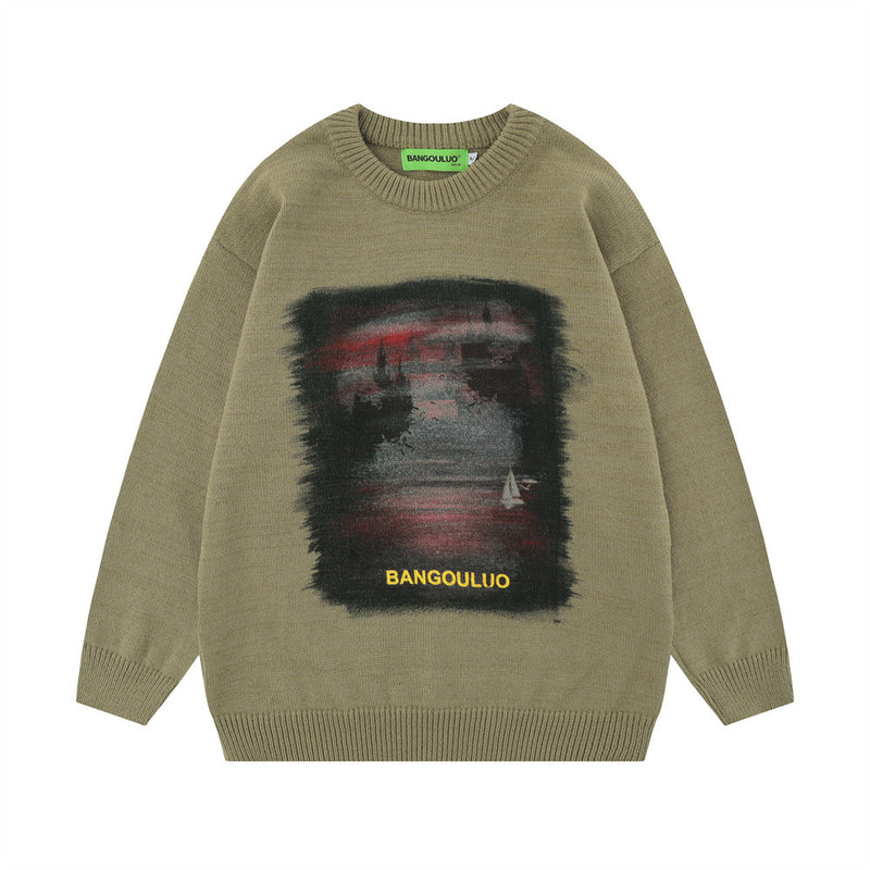 Men Sweater Dark Landscape Printing Knitted Sweater