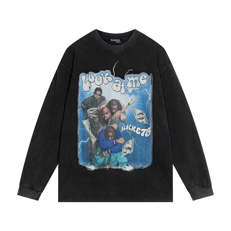 Men Long Sleeve T-Shirt Hip Hop Character Loose Distressed