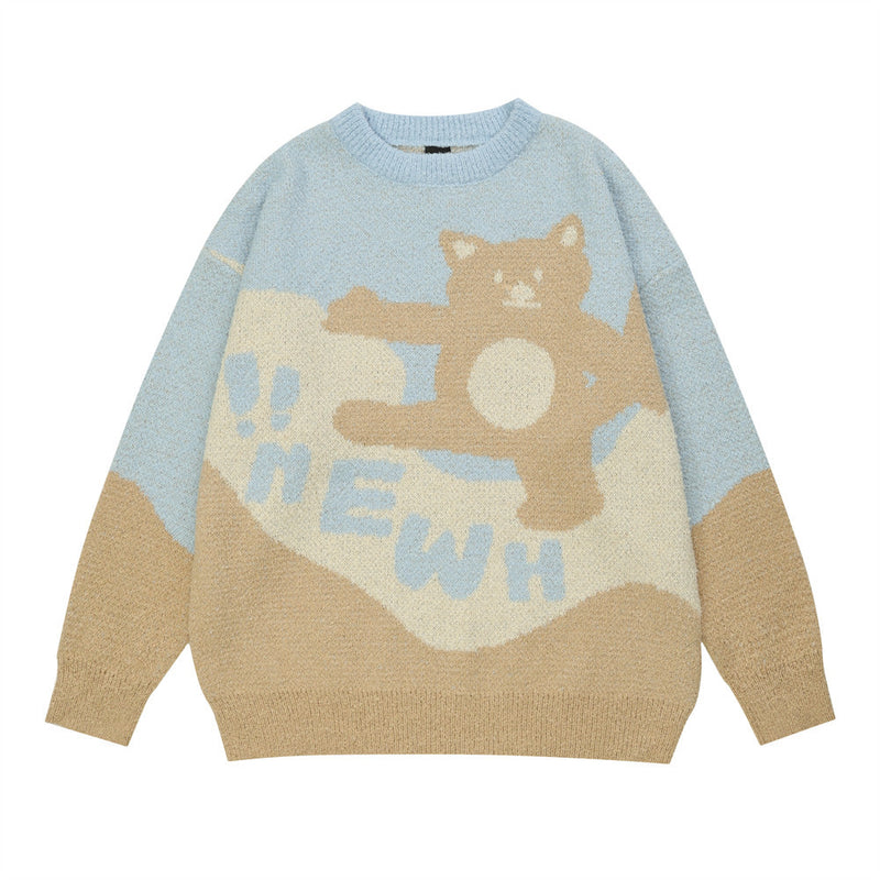 Men Sweater Cartoon Bear Jacquard Crew Neck Sweater