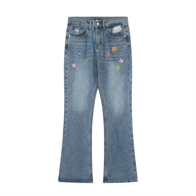 Men Jeans Personalized Flower Embroidery Bell-Bottom Pants