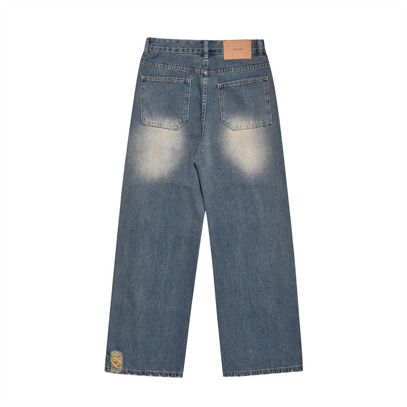 Men Jeans Inkjet White All-Matching Loose Casual Holes Worn
