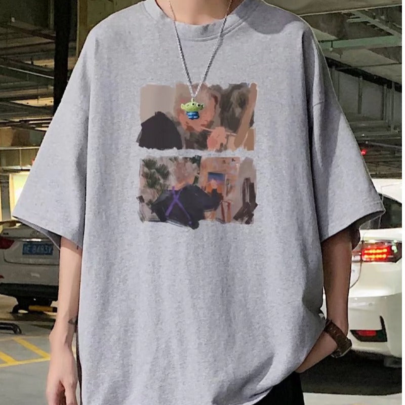 Men T Shirt Loose All-Match Cartoon Printed Casual