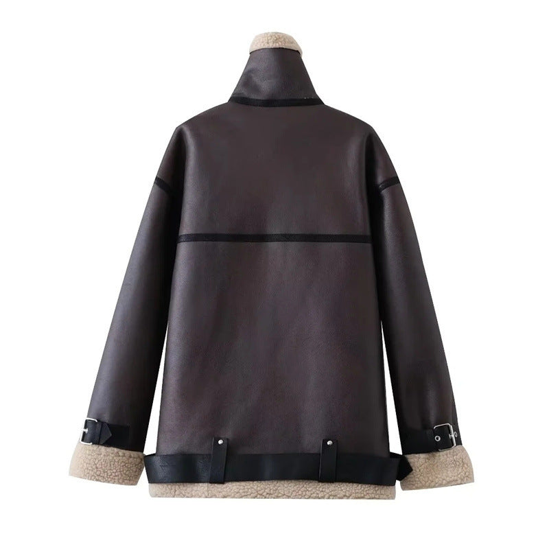 Women Cotton Coat PU Leather Zipper Lamb Wool Jacket