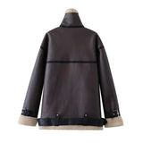 Women Cotton Coat PU Leather Zipper Lamb Wool Jacket