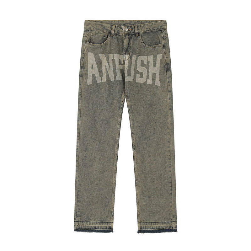 Men Jeans Vintage Letter Print Loose Distressed Burrs