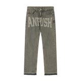 Men Jeans Vintage Letter Print Loose Distressed Burrs