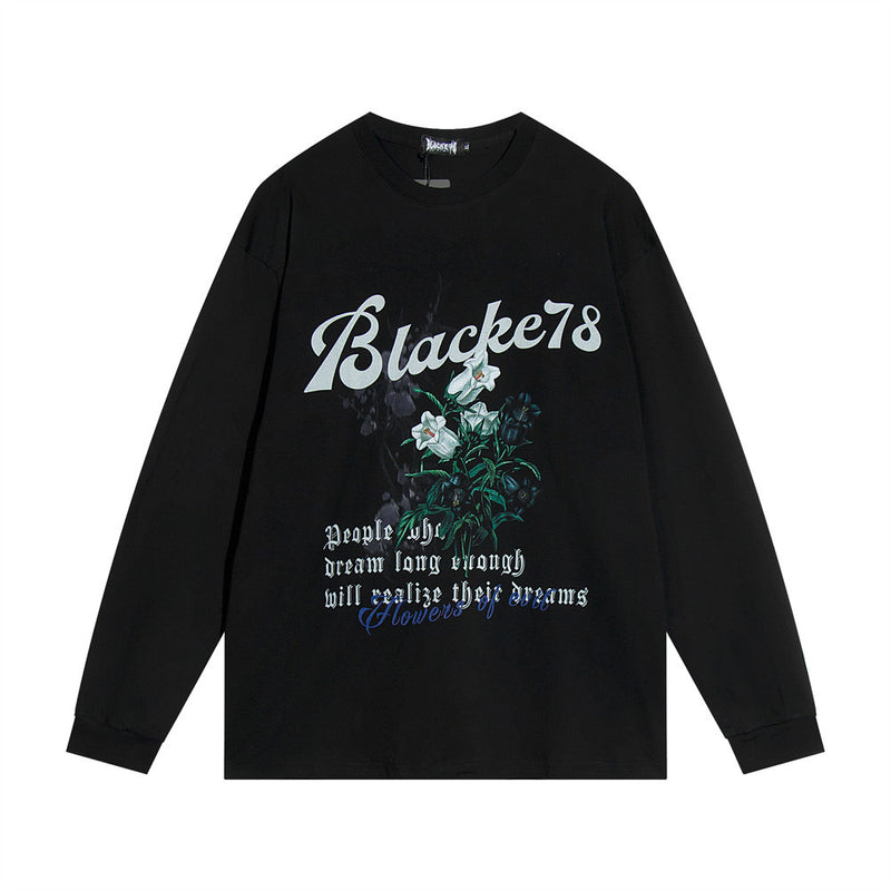 Men Long Sleeve T-Shirt Flowers Printed Bottoming Shirt Loose