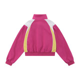 Women Jackets Color Stitching Stand-Collar Zipper Vintage