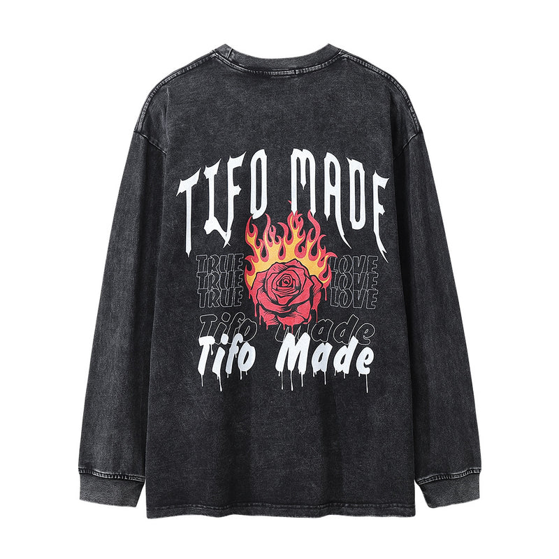 Men Long Sleeve T-Shirt Rose Flame Loose Casual Distressed