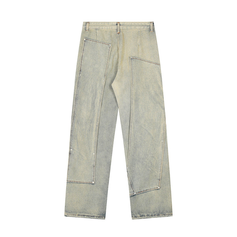 Men Jeans Yellow Mud Color Irregular Stitching