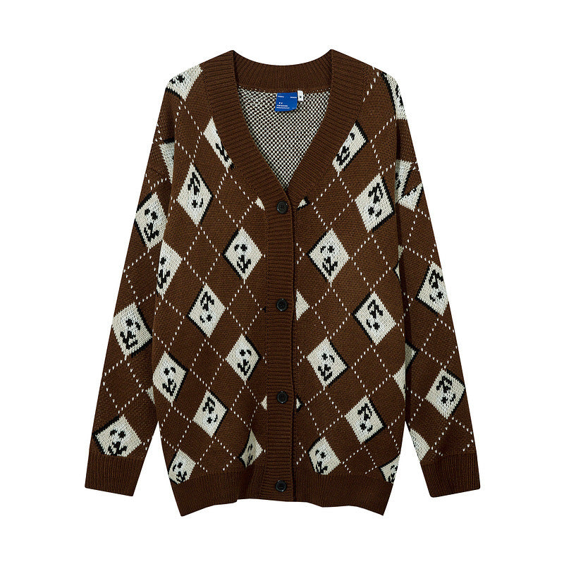 Women Sweater Rhombus Knitted Sweater Loose Cardigan