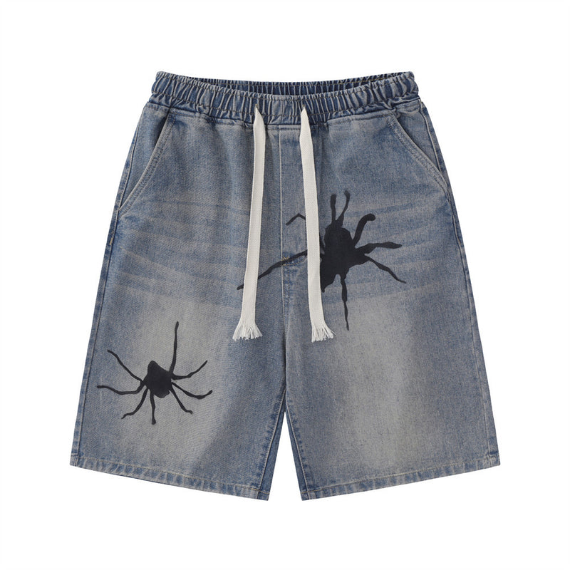 Men Shorts Spider Hand-Painted Denim Shorts Loose Casual Distressed