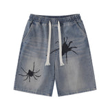 Men Shorts Spider Hand-Painted Denim Shorts Loose Casual Distressed