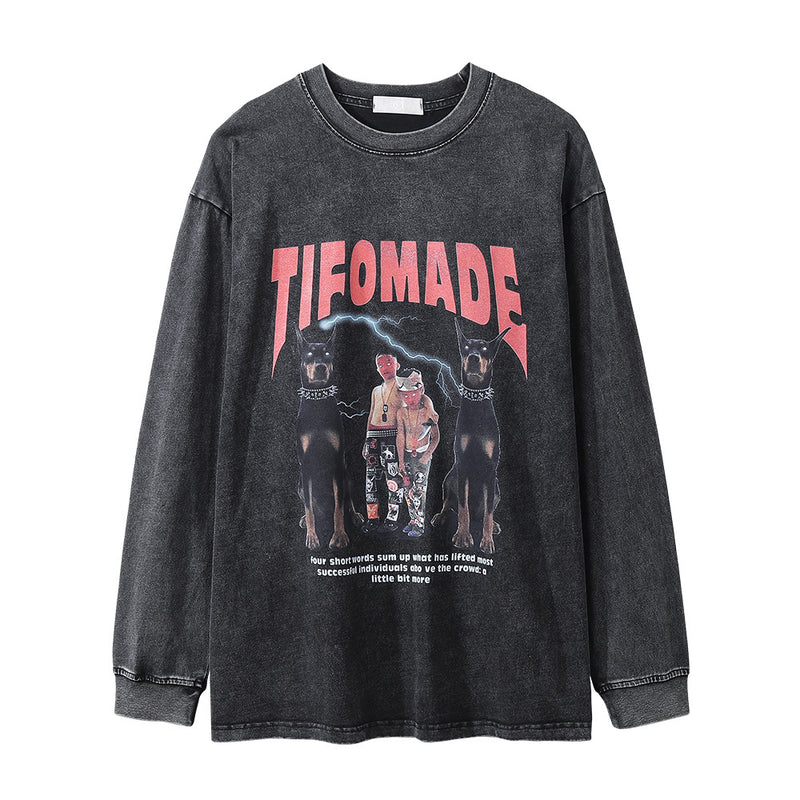 Men Long Sleeve T-shirt Doberman Pinscher Printed Loose Distressed