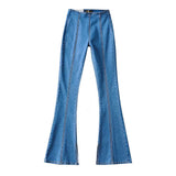 Women Jeans Bell-Bottom Pants Patchwork Slit Denim Trousers