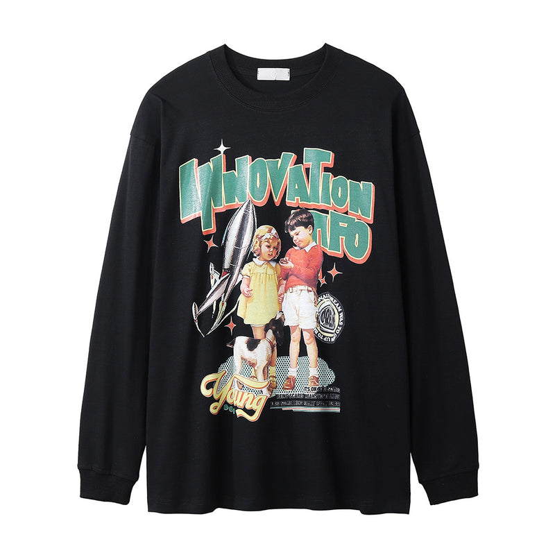 Men Long Sleeve T-Shirt Naive Children Print Loose Casual