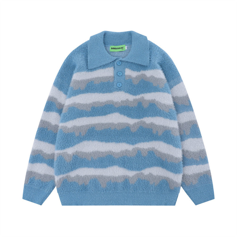 Men Sweater Stripes Lapel Knitwear Velvet