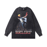 Mens Vintage Long Sleeve Shirt Printed Washed Long Sleeve T-Shirt