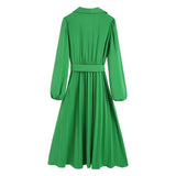 Women Dresses Sexy V-neck Lantern Sleeve Pleated Skirt